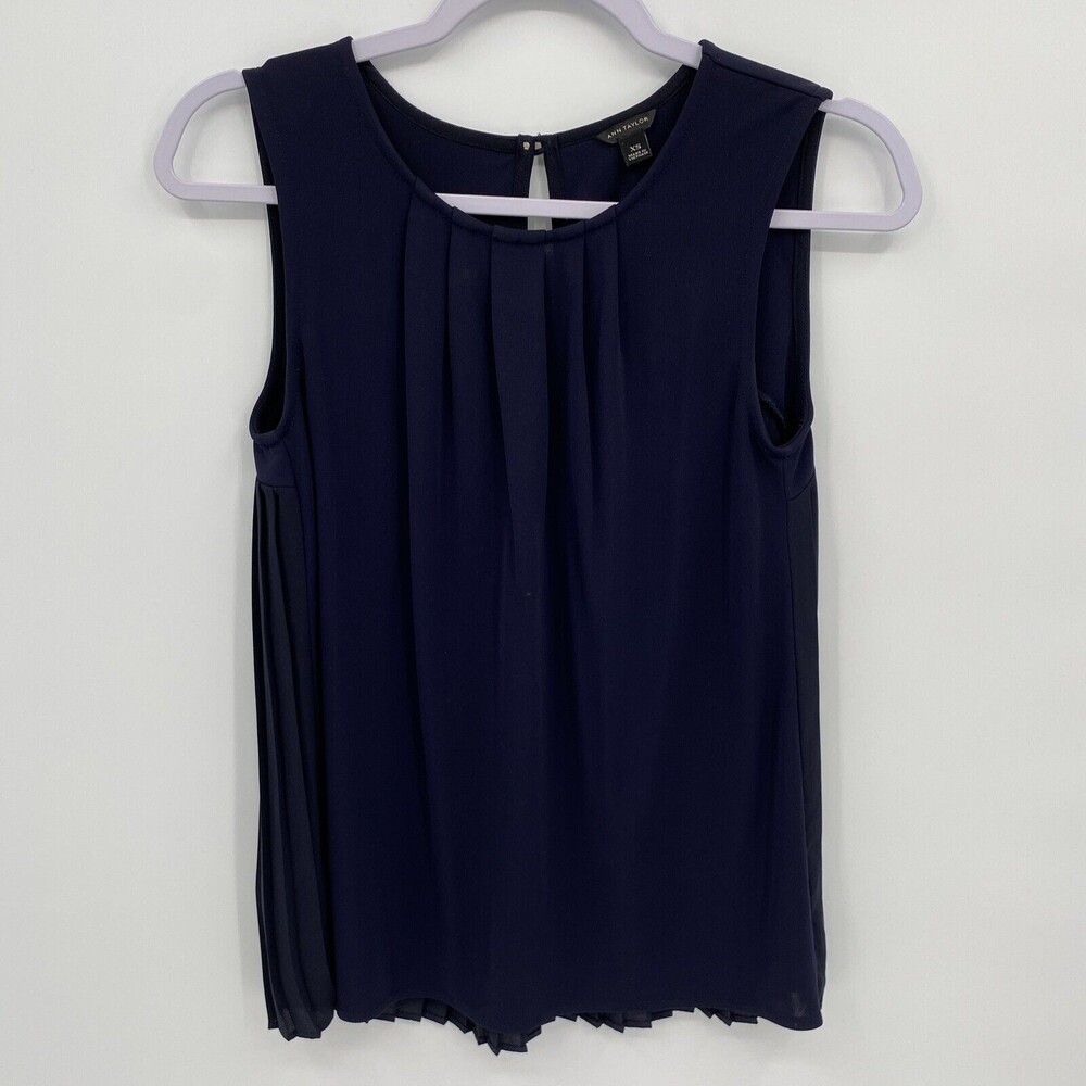 Ann Taylor Women's Round Neck Sleeveless Pleated Tank Top Blouse Navy Blue XS